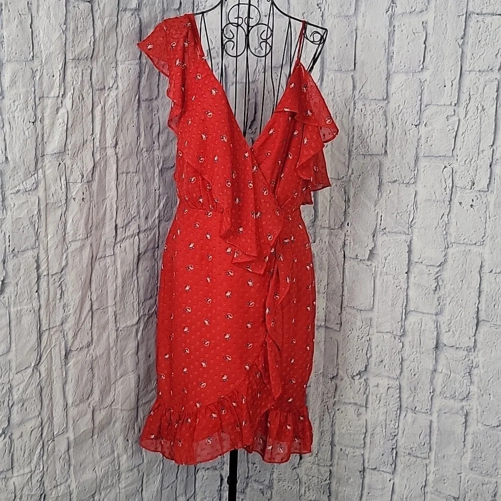 WAYF Red Ruffled Floral Polyester Dress Medium
